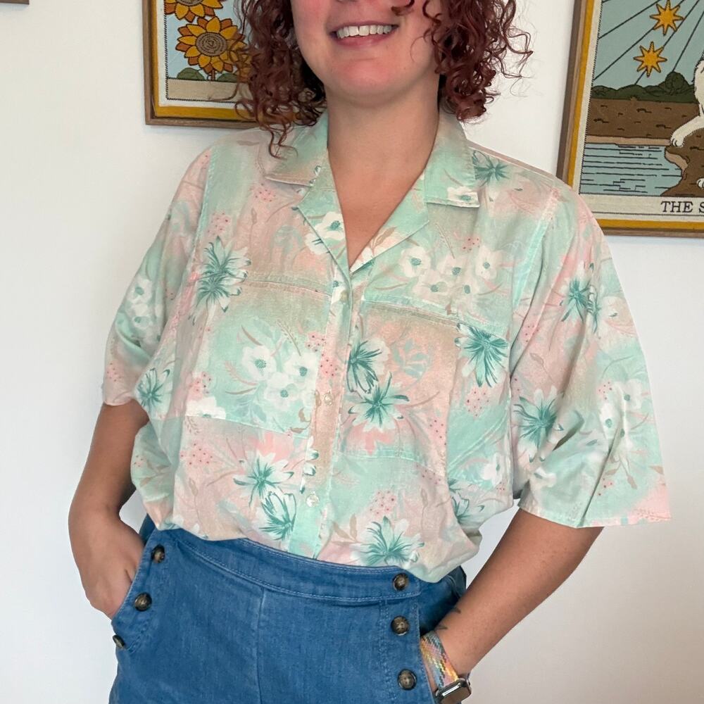 Vintage 80s tropical pastel print short sleeve shirt size 22